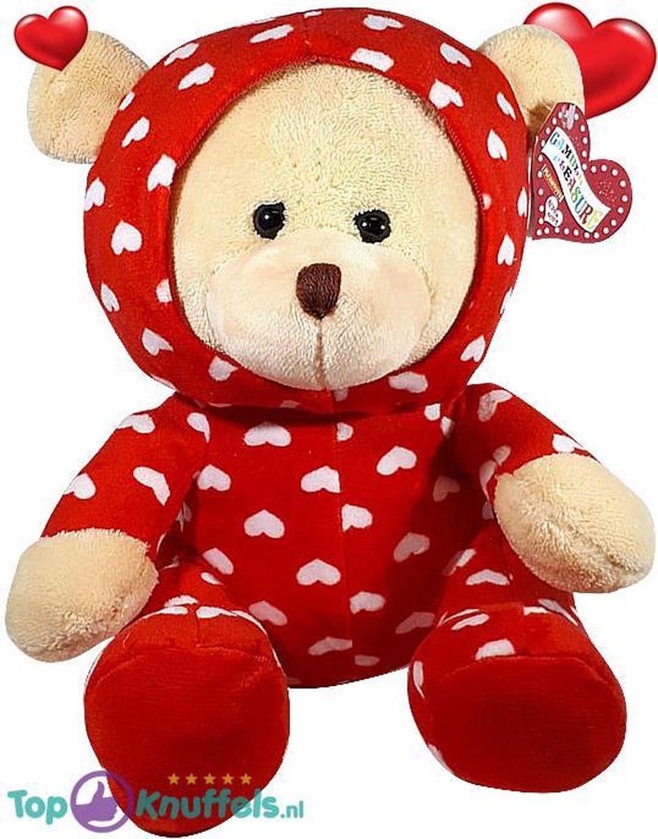 Licht bruine Teddybeer in hartjes onesie pyjama 32 cm | knuffelbeer pluche knuffel love beer | Ik Hou Van Jou / I Love You bear | Beertje met hart liefde | Baby plush beer met hartje 32cm